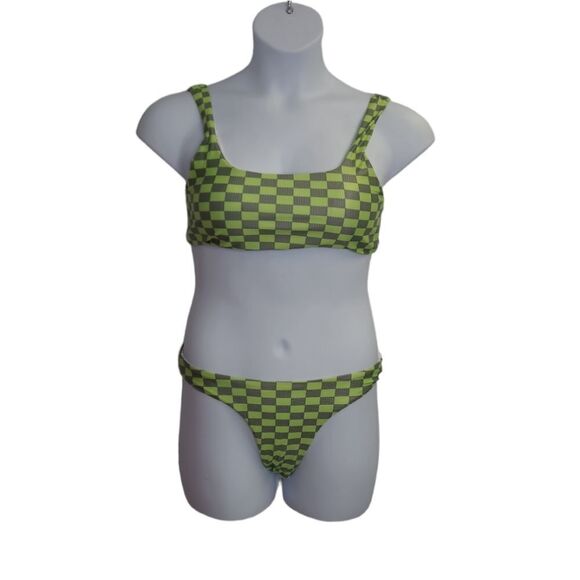NEW Cider lime green checkered two piece cheeky bikini‎ swimsuit M - Picture 2 of 8